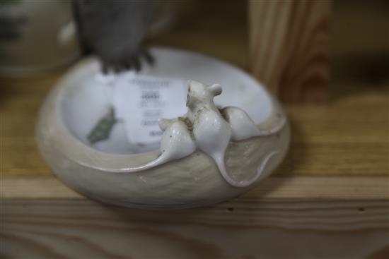 A Royal Copenhagen ash tray modelled with an owl with three white mice H.11.5cm